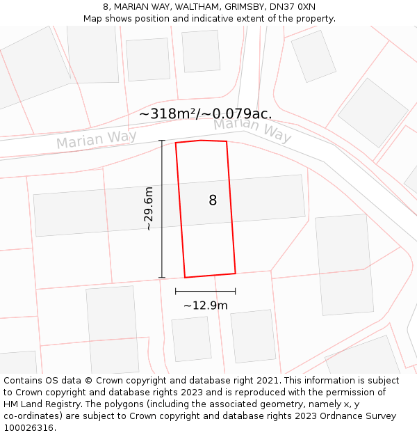 8, MARIAN WAY, WALTHAM, GRIMSBY, DN37 0XN: Plot and title map