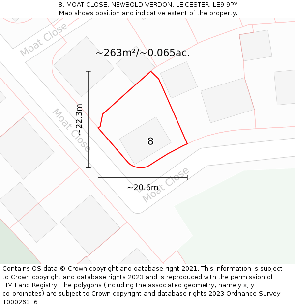 8, MOAT CLOSE, NEWBOLD VERDON, LEICESTER, LE9 9PY: Plot and title map