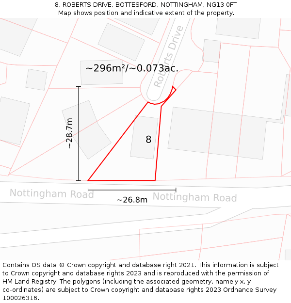 8, ROBERTS DRIVE, BOTTESFORD, NOTTINGHAM, NG13 0FT: Plot and title map