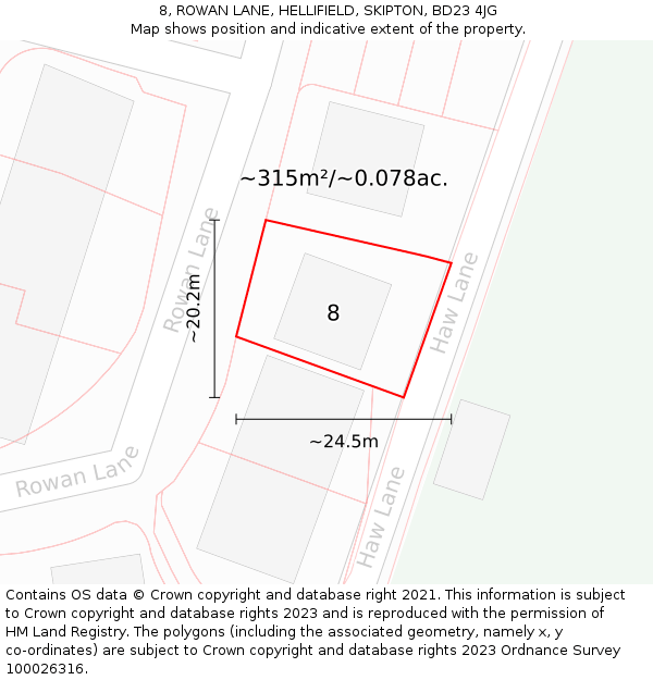 8, ROWAN LANE, HELLIFIELD, SKIPTON, BD23 4JG: Plot and title map