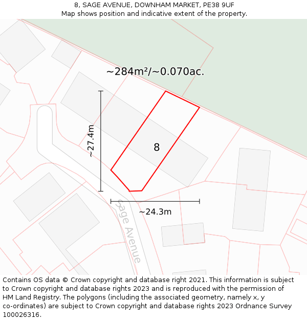 8, SAGE AVENUE, DOWNHAM MARKET, PE38 9UF: Plot and title map