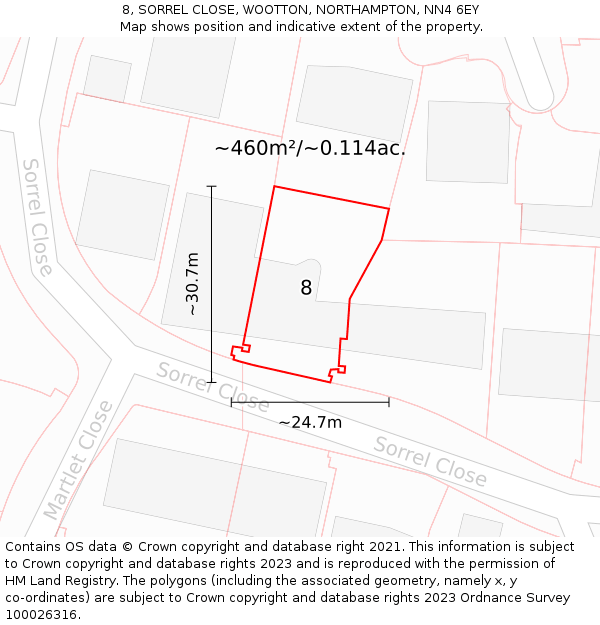 8, SORREL CLOSE, WOOTTON, NORTHAMPTON, NN4 6EY: Plot and title map