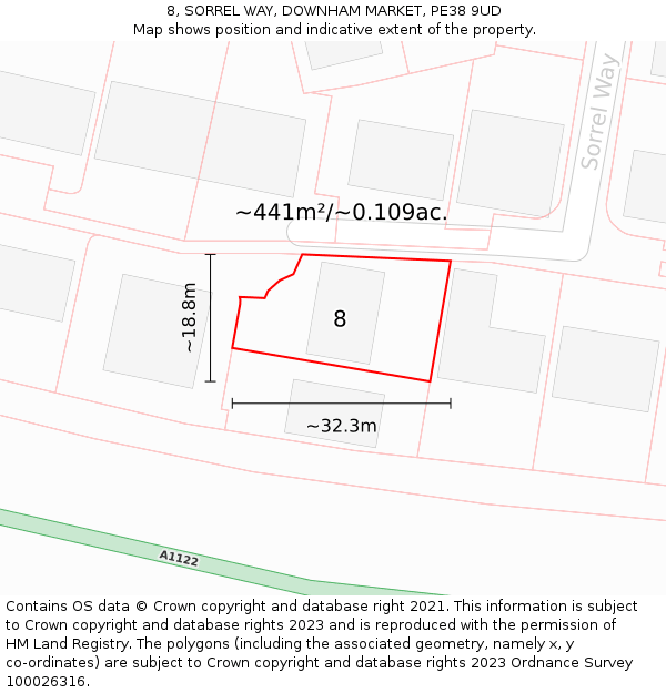 8, SORREL WAY, DOWNHAM MARKET, PE38 9UD: Plot and title map