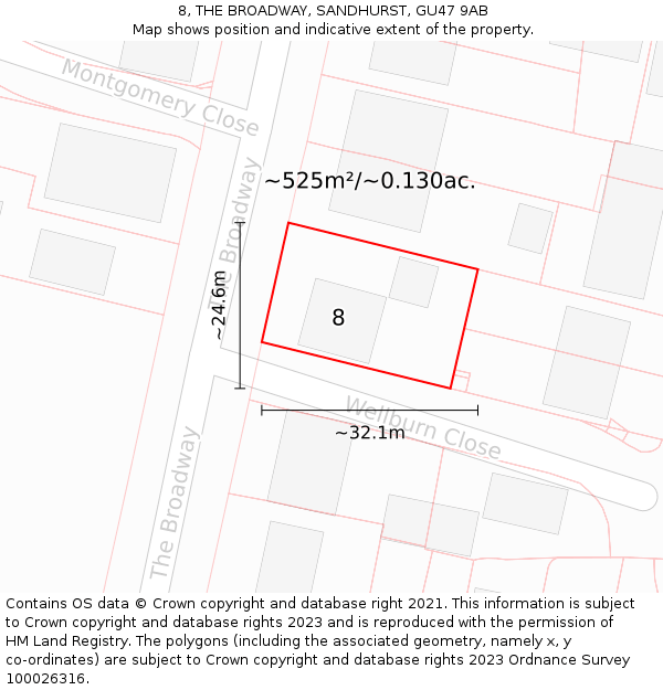 8, THE BROADWAY, SANDHURST, GU47 9AB: Plot and title map