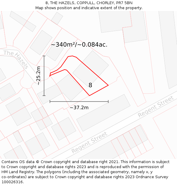 8, THE HAZELS, COPPULL, CHORLEY, PR7 5BN: Plot and title map