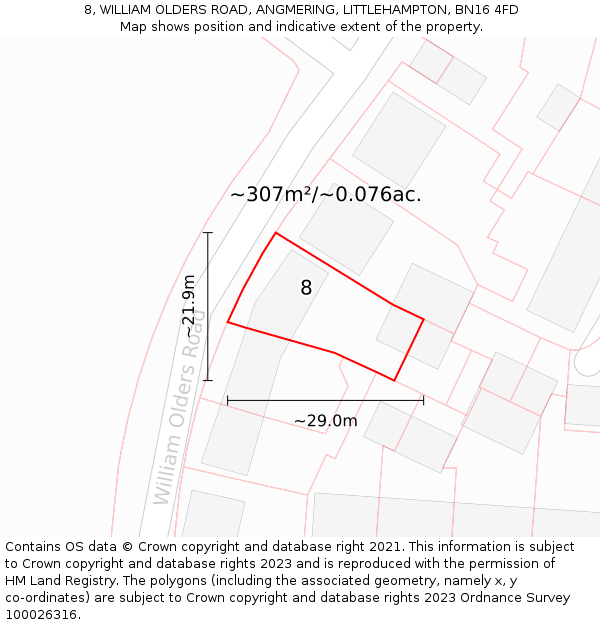 8, WILLIAM OLDERS ROAD, ANGMERING, LITTLEHAMPTON, BN16 4FD: Plot and title map