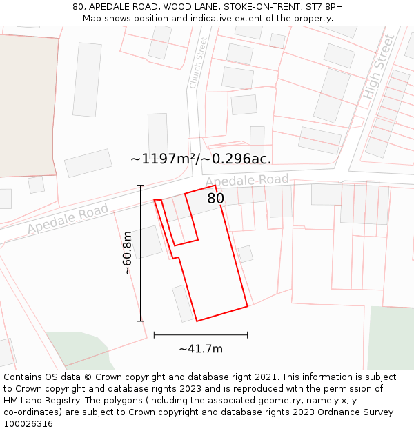 80, APEDALE ROAD, WOOD LANE, STOKE-ON-TRENT, ST7 8PH: Plot and title map