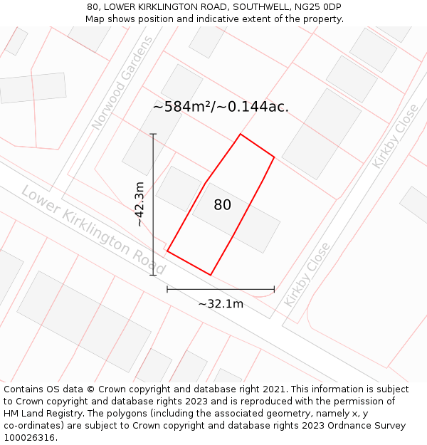 80, LOWER KIRKLINGTON ROAD, SOUTHWELL, NG25 0DP: Plot and title map