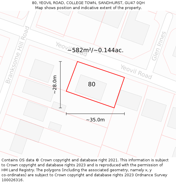 80, YEOVIL ROAD, COLLEGE TOWN, SANDHURST, GU47 0QH: Plot and title map