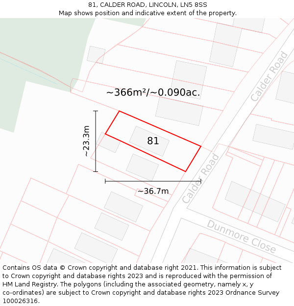 81, CALDER ROAD, LINCOLN, LN5 8SS: Plot and title map