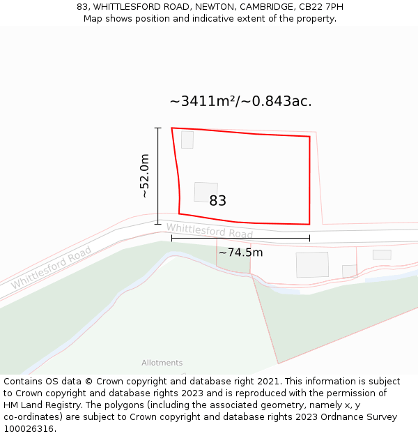 83, WHITTLESFORD ROAD, NEWTON, CAMBRIDGE, CB22 7PH: Plot and title map