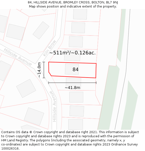 84, HILLSIDE AVENUE, BROMLEY CROSS, BOLTON, BL7 9NJ: Plot and title map