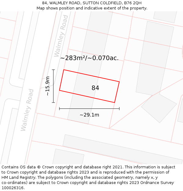 84, WALMLEY ROAD, SUTTON COLDFIELD, B76 2QH: Plot and title map