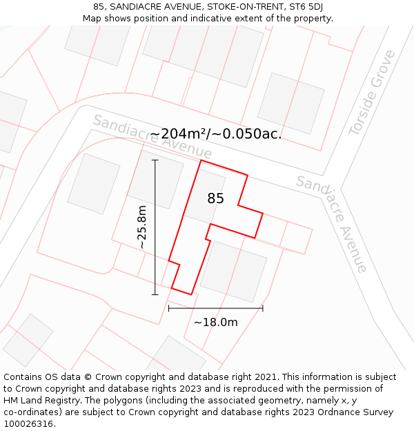 85, SANDIACRE AVENUE, STOKE-ON-TRENT, ST6 5DJ: Plot and title map