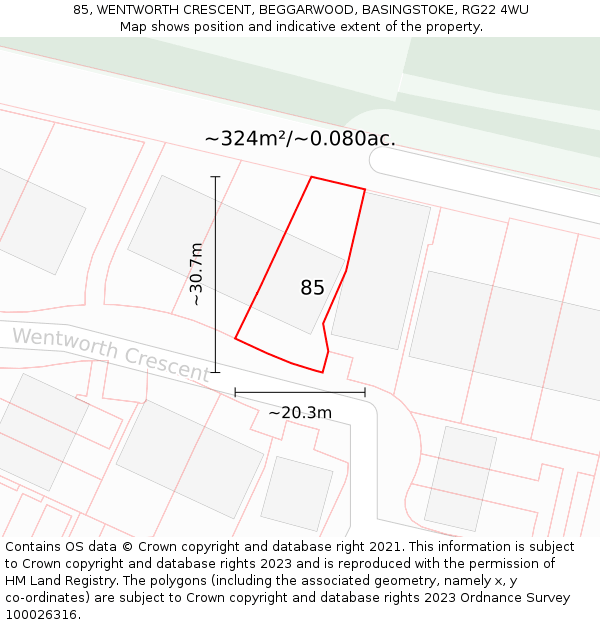 85, WENTWORTH CRESCENT, BEGGARWOOD, BASINGSTOKE, RG22 4WU: Plot and title map