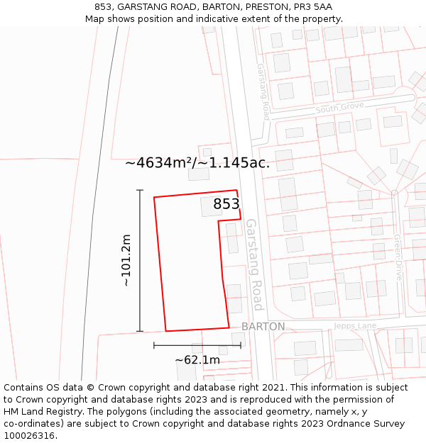 853, GARSTANG ROAD, BARTON, PRESTON, PR3 5AA: Plot and title map