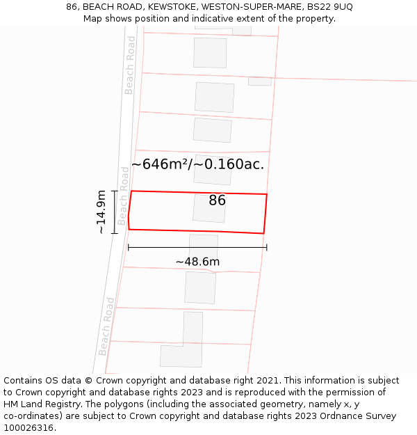 86, BEACH ROAD, KEWSTOKE, WESTON-SUPER-MARE, BS22 9UQ: Plot and title map