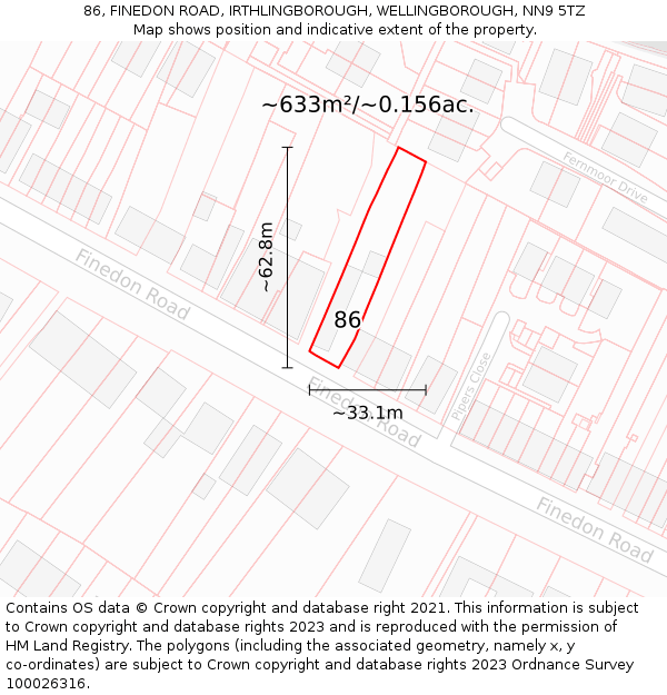 86, FINEDON ROAD, IRTHLINGBOROUGH, WELLINGBOROUGH, NN9 5TZ: Plot and title map