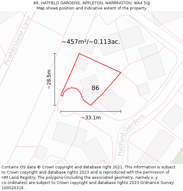 86, HATFIELD GARDENS, APPLETON, WARRINGTON, WA4 5QJ: Plot and title map