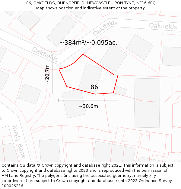 86, OAKFIELDS, BURNOPFIELD, NEWCASTLE UPON TYNE, NE16 6PQ: Plot and title map