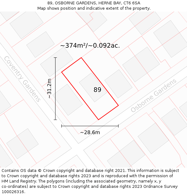 89, OSBORNE GARDENS, HERNE BAY, CT6 6SA: Plot and title map