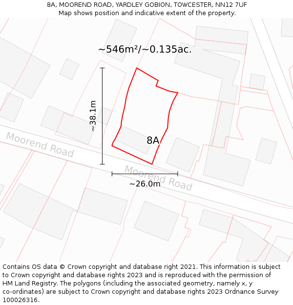 8A, MOOREND ROAD, YARDLEY GOBION, TOWCESTER, NN12 7UF: Plot and title map