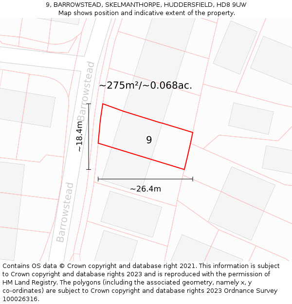 9, BARROWSTEAD, SKELMANTHORPE, HUDDERSFIELD, HD8 9UW: Plot and title map