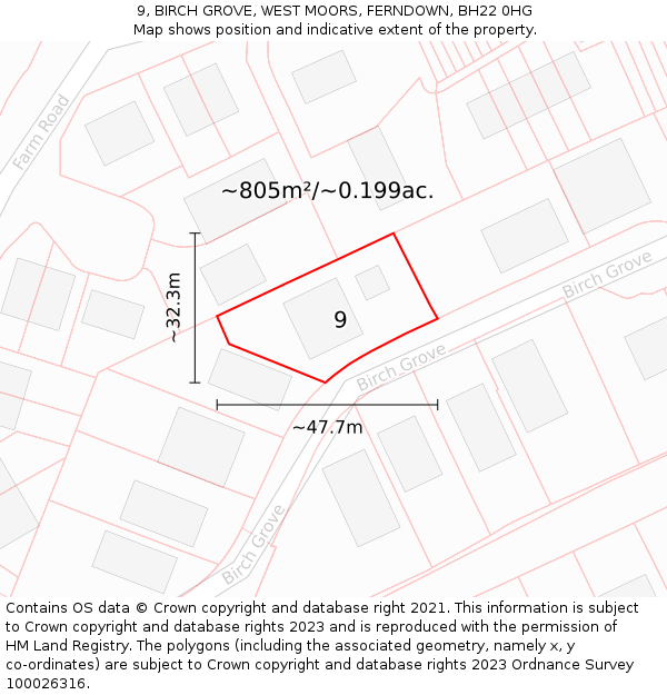 9, BIRCH GROVE, WEST MOORS, FERNDOWN, BH22 0HG: Plot and title map