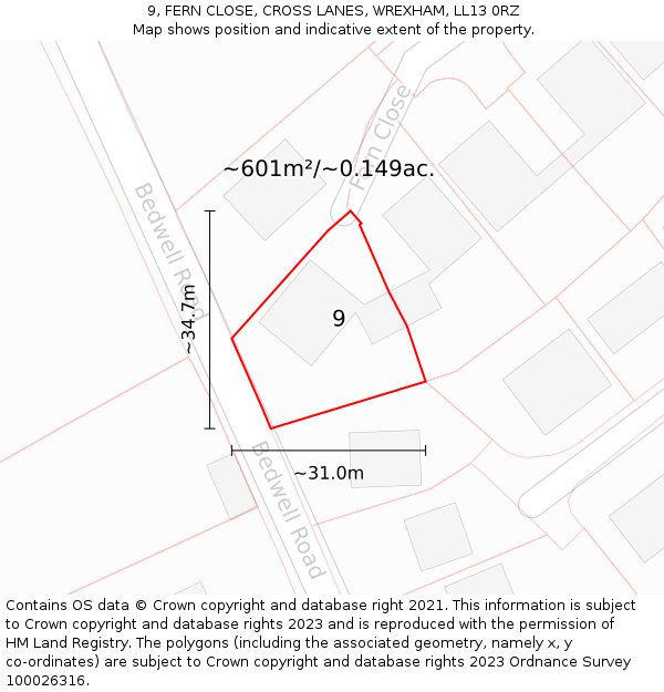 9, FERN CLOSE, CROSS LANES, WREXHAM, LL13 0RZ: Plot and title map