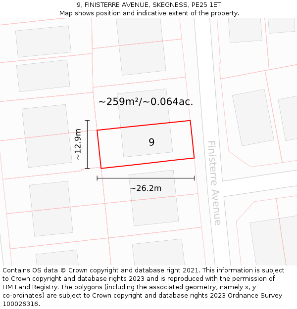 9, FINISTERRE AVENUE, SKEGNESS, PE25 1ET: Plot and title map