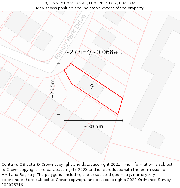 9, FINNEY PARK DRIVE, LEA, PRESTON, PR2 1QZ: Plot and title map