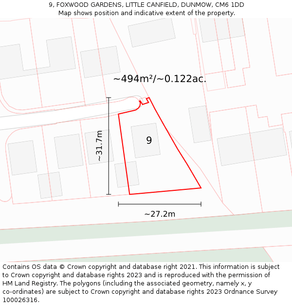 9, FOXWOOD GARDENS, LITTLE CANFIELD, DUNMOW, CM6 1DD: Plot and title map