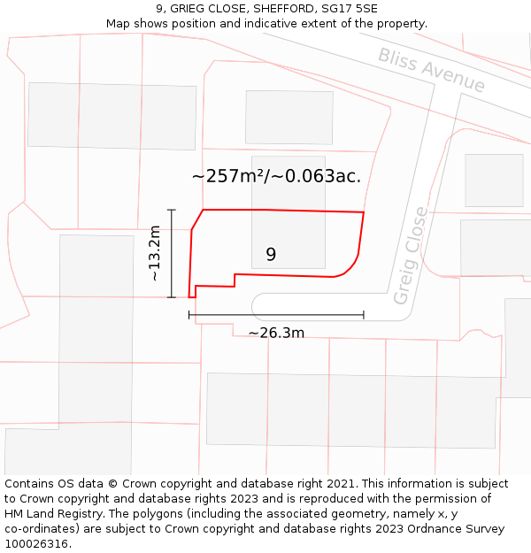 9, GRIEG CLOSE, SHEFFORD, SG17 5SE: Plot and title map