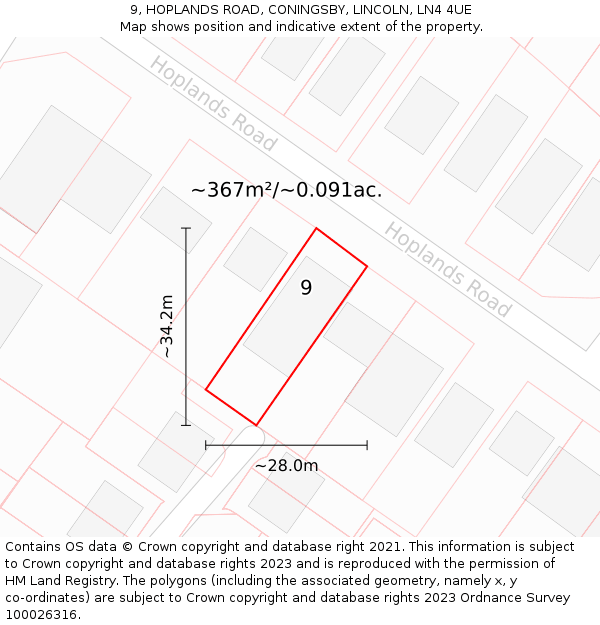 9, HOPLANDS ROAD, CONINGSBY, LINCOLN, LN4 4UE: Plot and title map