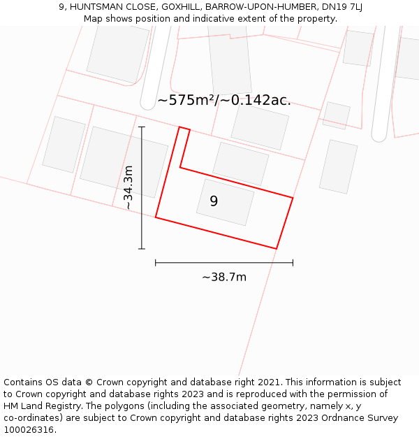 9, HUNTSMAN CLOSE, GOXHILL, BARROW-UPON-HUMBER, DN19 7LJ: Plot and title map