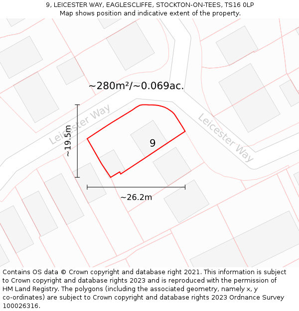 9, LEICESTER WAY, EAGLESCLIFFE, STOCKTON-ON-TEES, TS16 0LP: Plot and title map