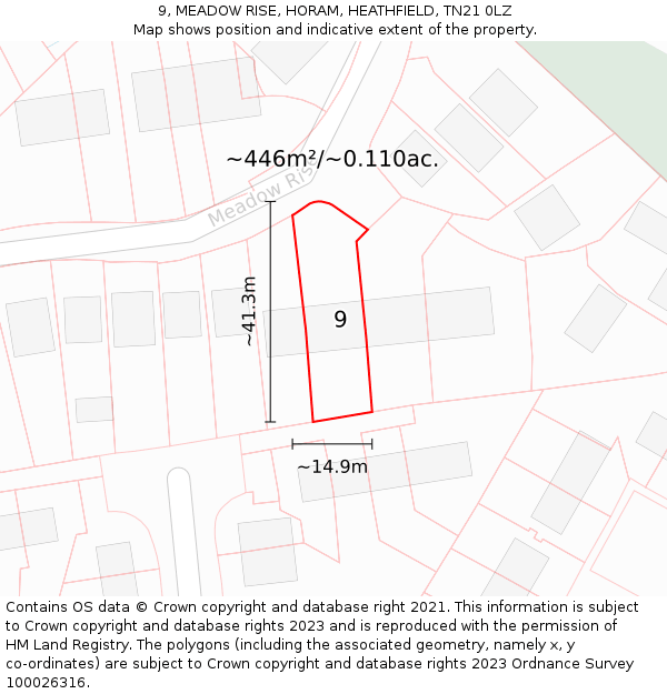 9, MEADOW RISE, HORAM, HEATHFIELD, TN21 0LZ: Plot and title map