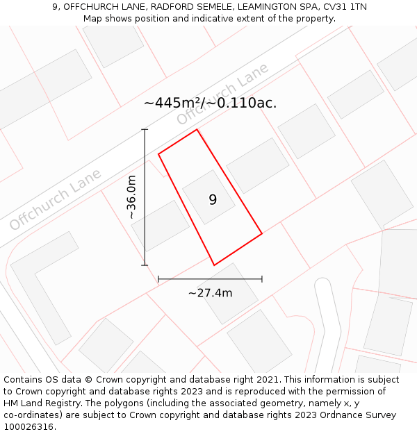 9, OFFCHURCH LANE, RADFORD SEMELE, LEAMINGTON SPA, CV31 1TN: Plot and title map
