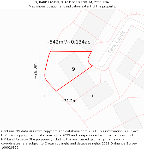 9, PARK LANDS, BLANDFORD FORUM, DT11 7BA: Plot and title map