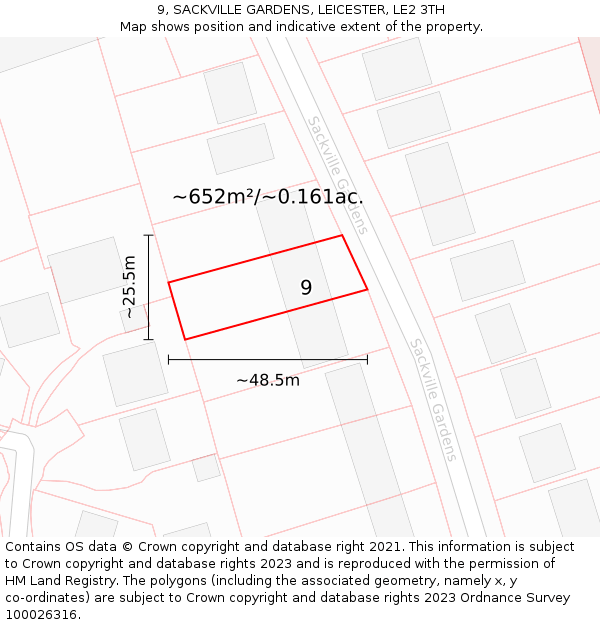 9, SACKVILLE GARDENS, LEICESTER, LE2 3TH: Plot and title map