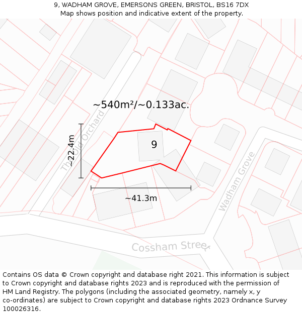 9, WADHAM GROVE, EMERSONS GREEN, BRISTOL, BS16 7DX: Plot and title map