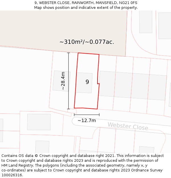 9, WEBSTER CLOSE, RAINWORTH, MANSFIELD, NG21 0FS: Plot and title map