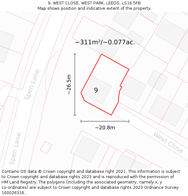 9, WEST CLOSE, WEST PARK, LEEDS, LS16 5FB: Plot and title map