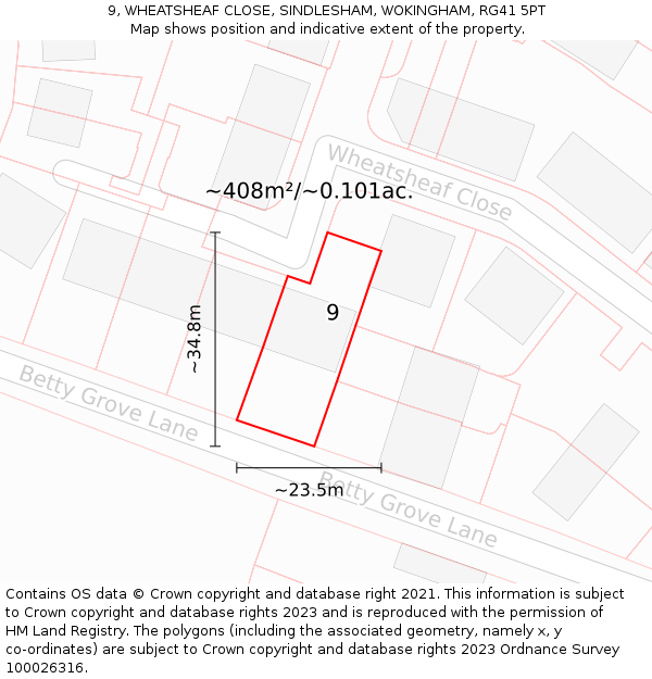 9, WHEATSHEAF CLOSE, SINDLESHAM, WOKINGHAM, RG41 5PT: Plot and title map