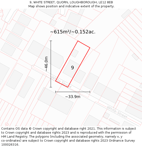 9, WHITE STREET, QUORN, LOUGHBOROUGH, LE12 8EB: Plot and title map