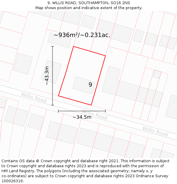 9, WILLIS ROAD, SOUTHAMPTON, SO16 2NS: Plot and title map