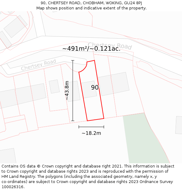 90, CHERTSEY ROAD, CHOBHAM, WOKING, GU24 8PJ: Plot and title map