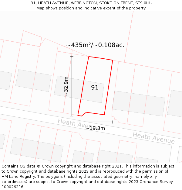 91, HEATH AVENUE, WERRINGTON, STOKE-ON-TRENT, ST9 0HU: Plot and title map