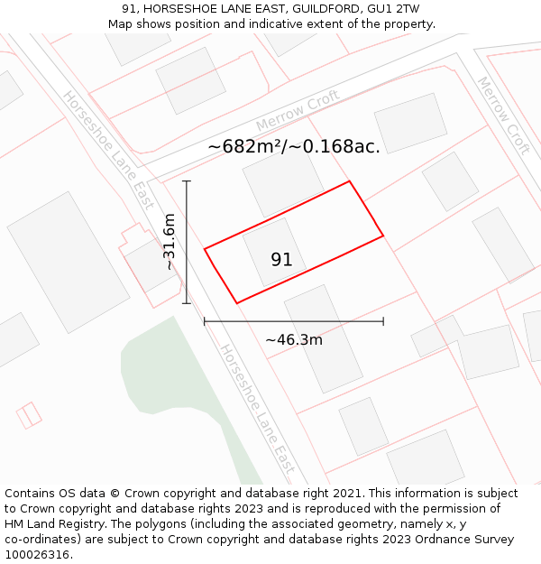 91, HORSESHOE LANE EAST, GUILDFORD, GU1 2TW: Plot and title map