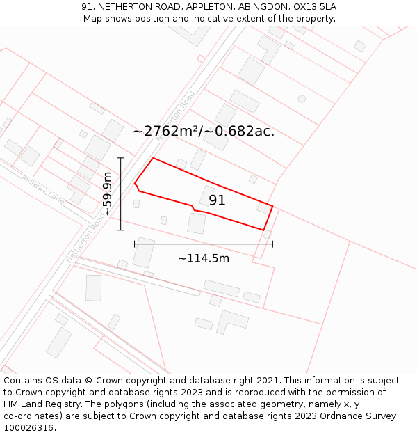 91, NETHERTON ROAD, APPLETON, ABINGDON, OX13 5LA: Plot and title map